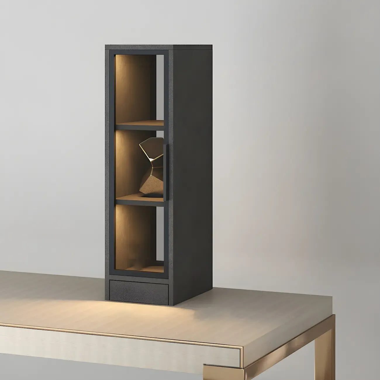 Square 2-Shelf Black Wooden Display Cabinet with Light