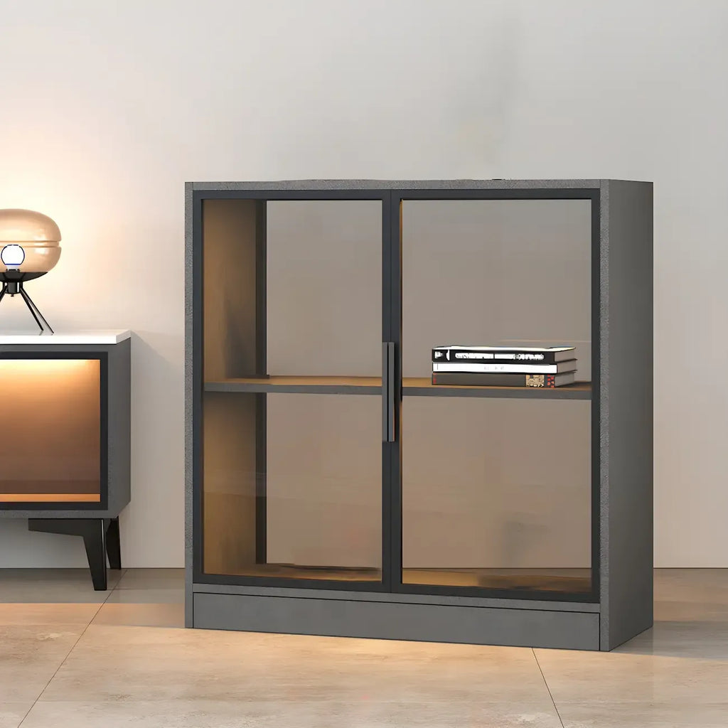 Square 2-Shelf Black Wooden Display Cabinet with Light