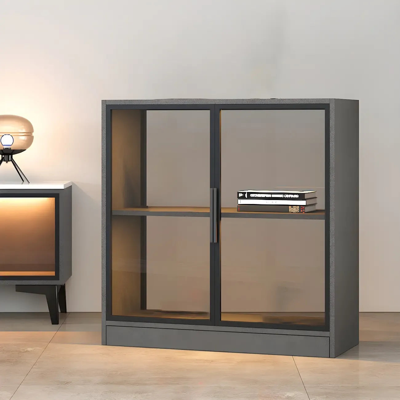 Square 2-Shelf Black Wooden Display Cabinet with Light