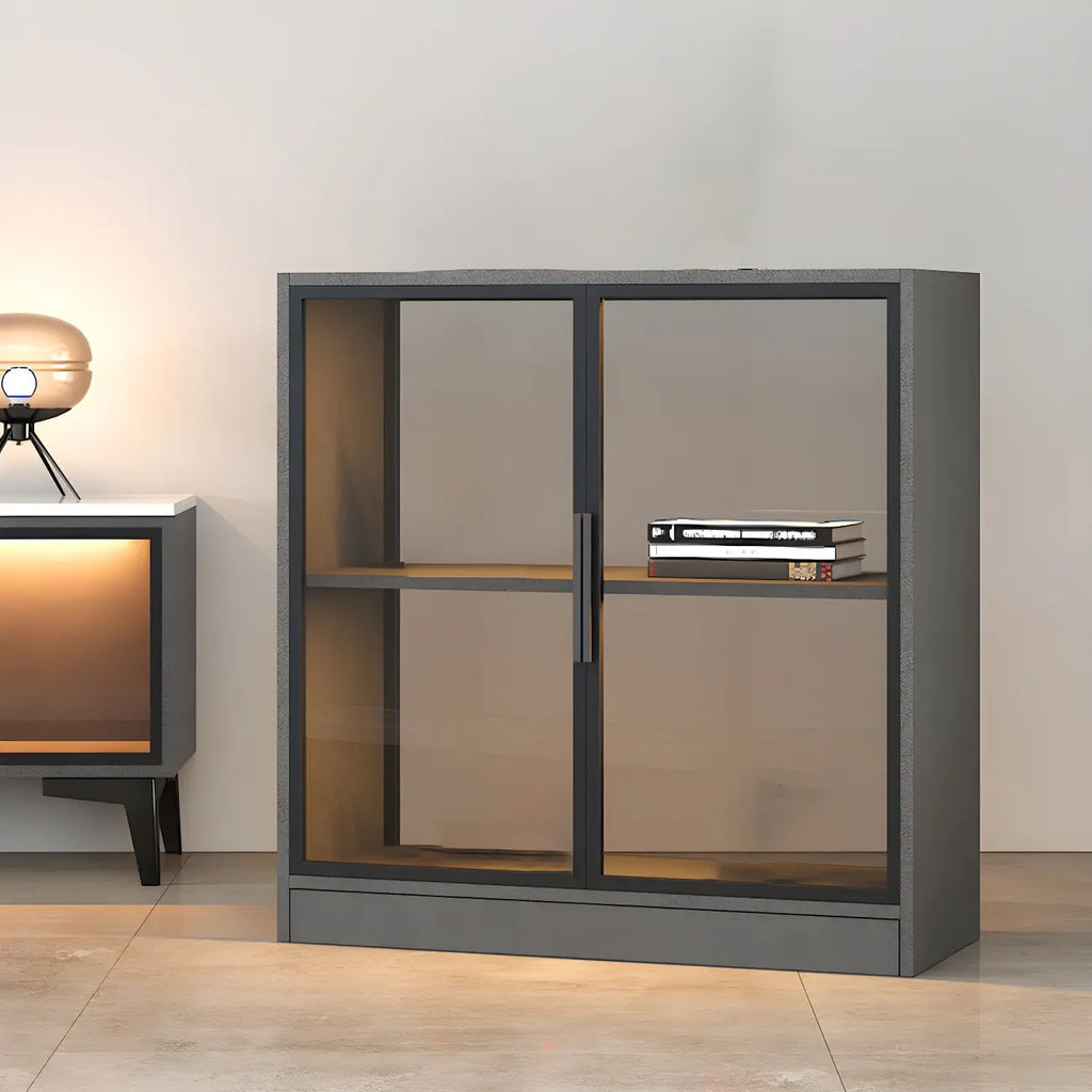 Square 2-Shelf Black Wooden Display Cabinet with Light
