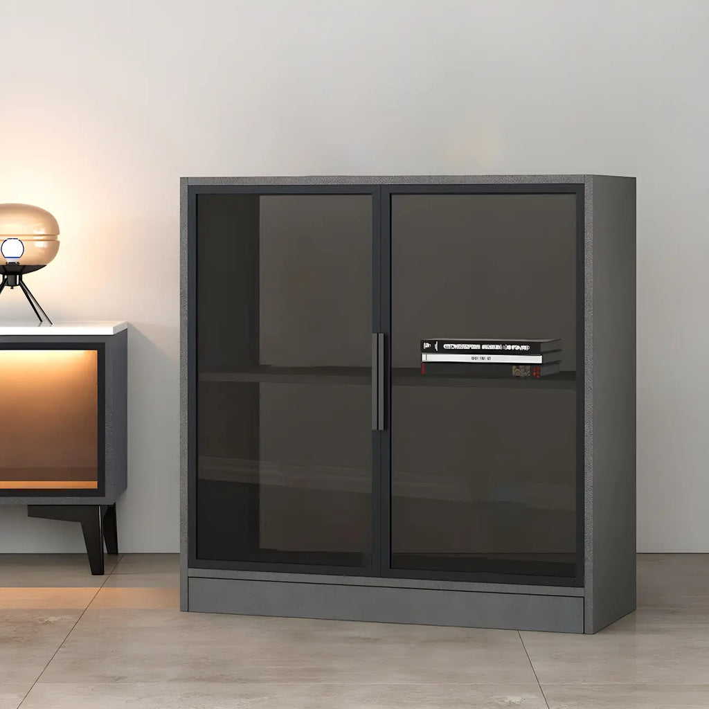 Square 2-Shelf Black Wooden Display Cabinet with Light