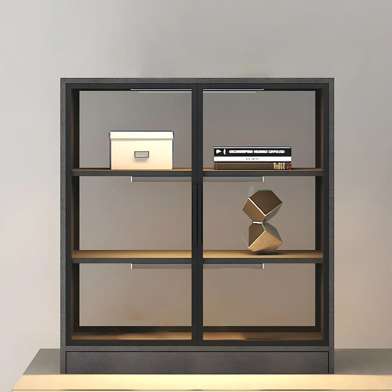 Square 2-Shelf Black Wooden Display Cabinet with Light