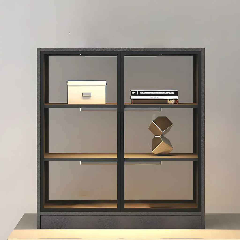 Square 2-Shelf Black Wooden Display Cabinet with Light