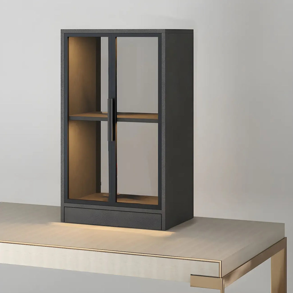 Square 2-Shelf Black Wooden Display Cabinet with Light