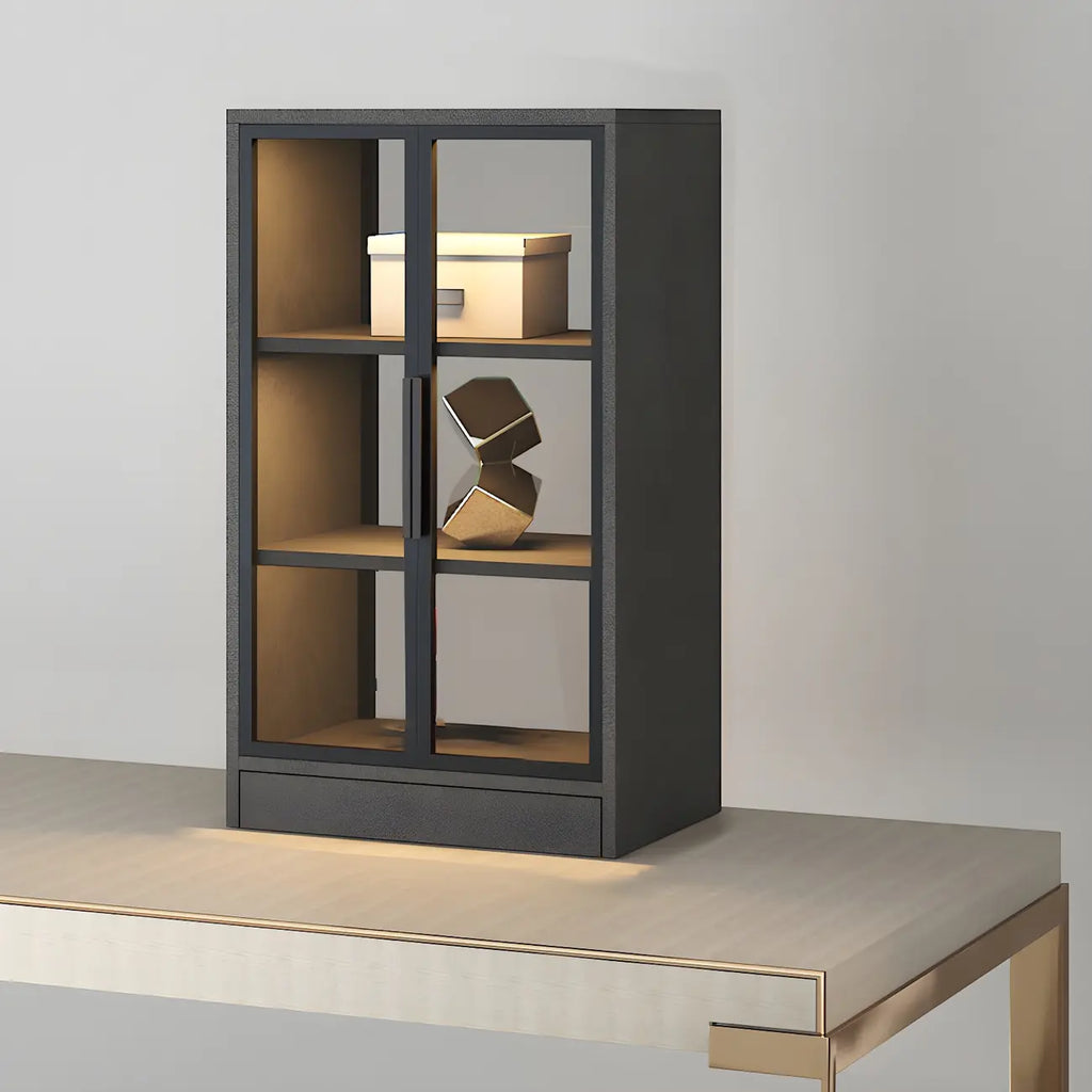Square 2-Shelf Black Wooden Display Cabinet with Light