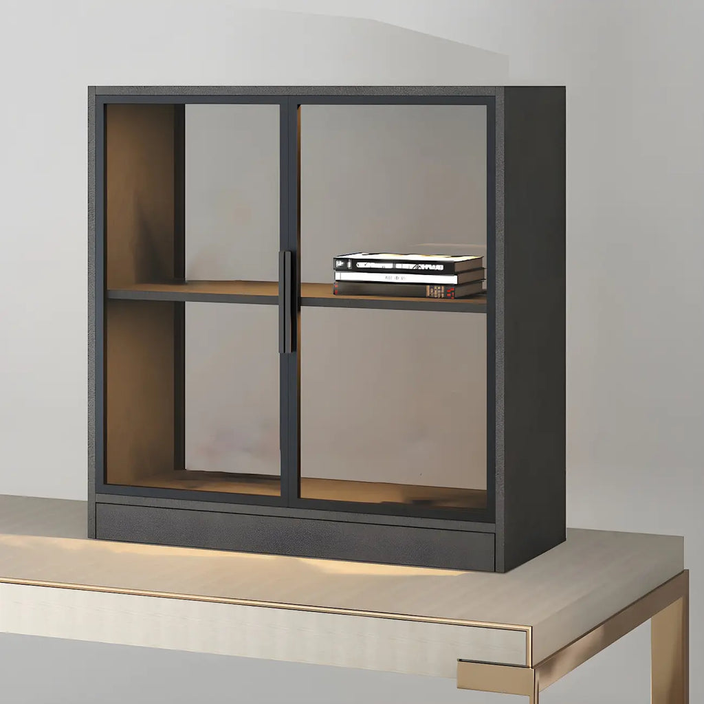 Square 2-Shelf Black Wooden Display Cabinet with Light