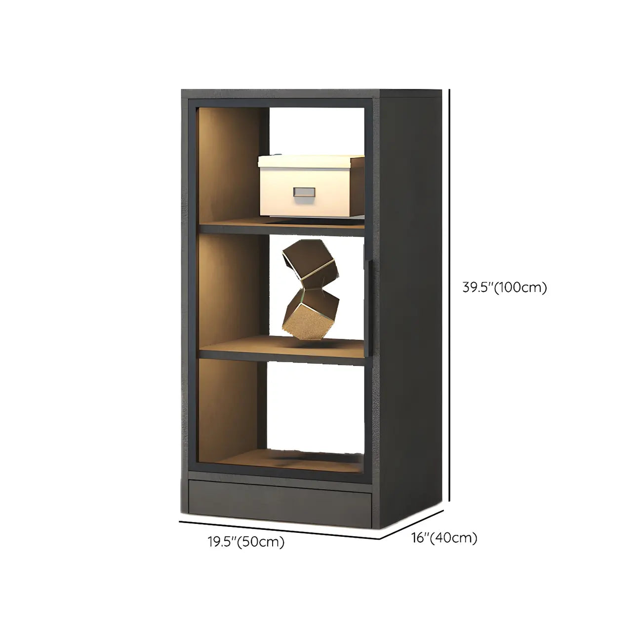 Square 2-Shelf Black Wooden Display Cabinet with Light