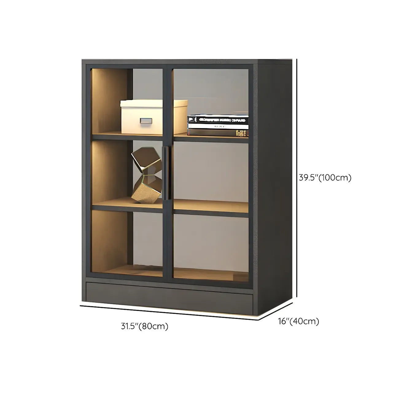 Square 2-Shelf Black Wooden Display Cabinet with Light