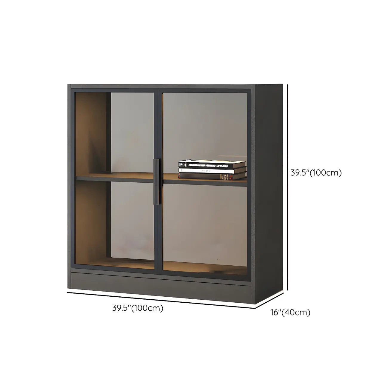 Square 2-Shelf Black Wooden Display Cabinet with Light