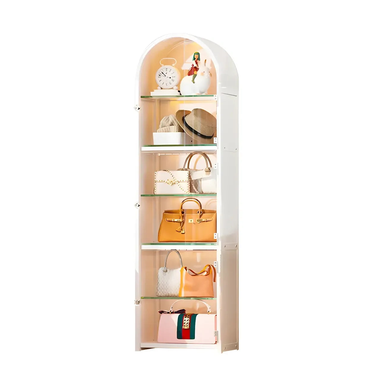 Adjustable Steel Arch Glass Shelf Display Cabinet with Light