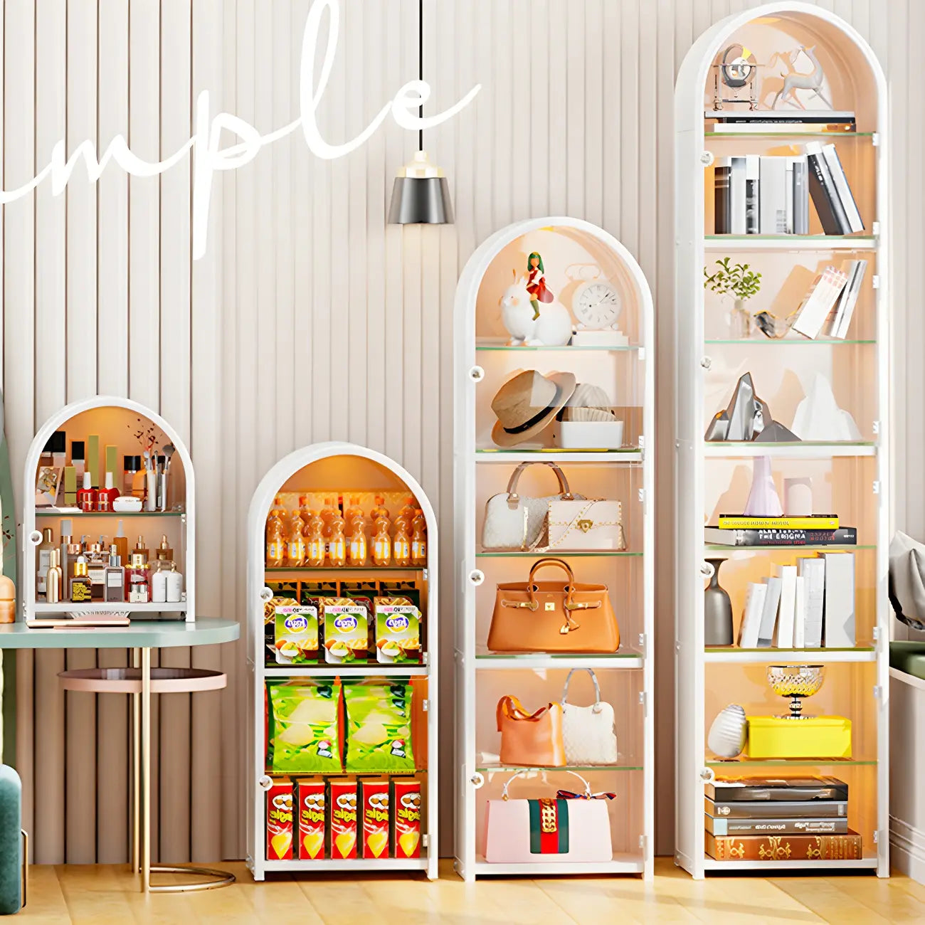 Adjustable Steel Arch Glass Shelf Display Cabinet with Light