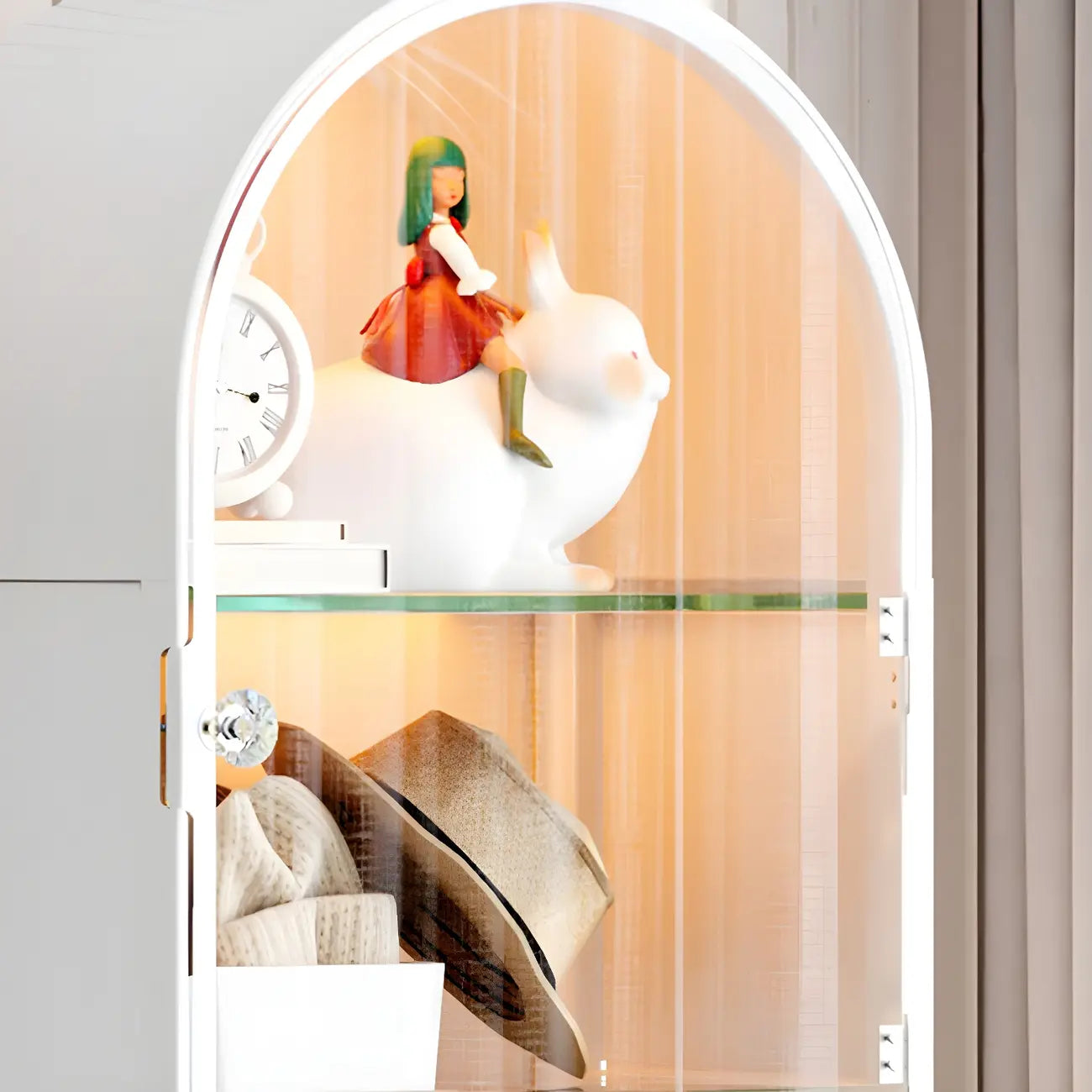 Adjustable Steel Arch Glass Shelf Display Cabinet with Light