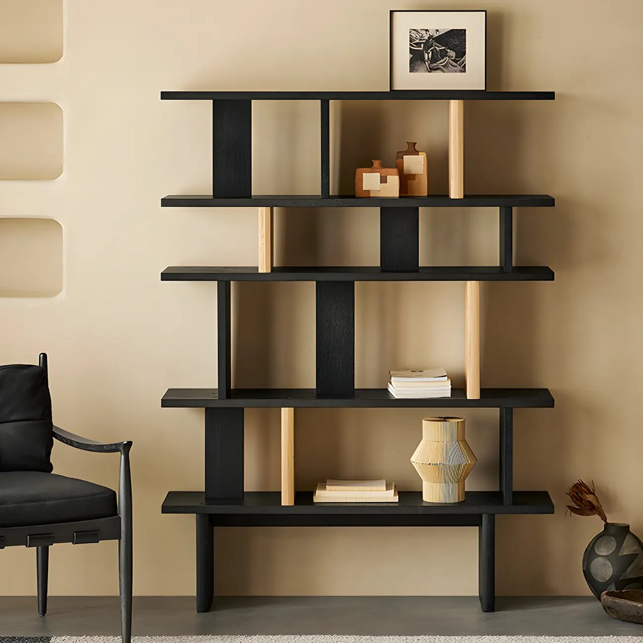 Modern Wooden Black Ladder Bookcase for Living Room
