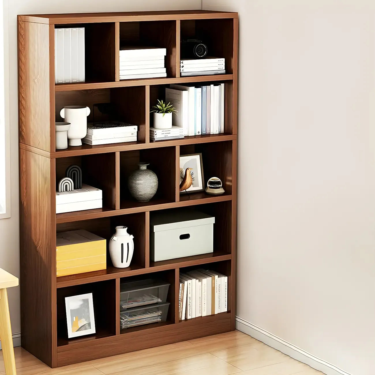 Mid Centuyr Modern Oak Wood Bookshelf Cube Storage 5-Tier