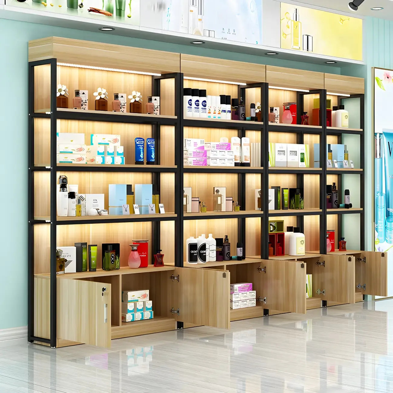 Modern Wood Open Multi-Shelf Large Display Cabinet