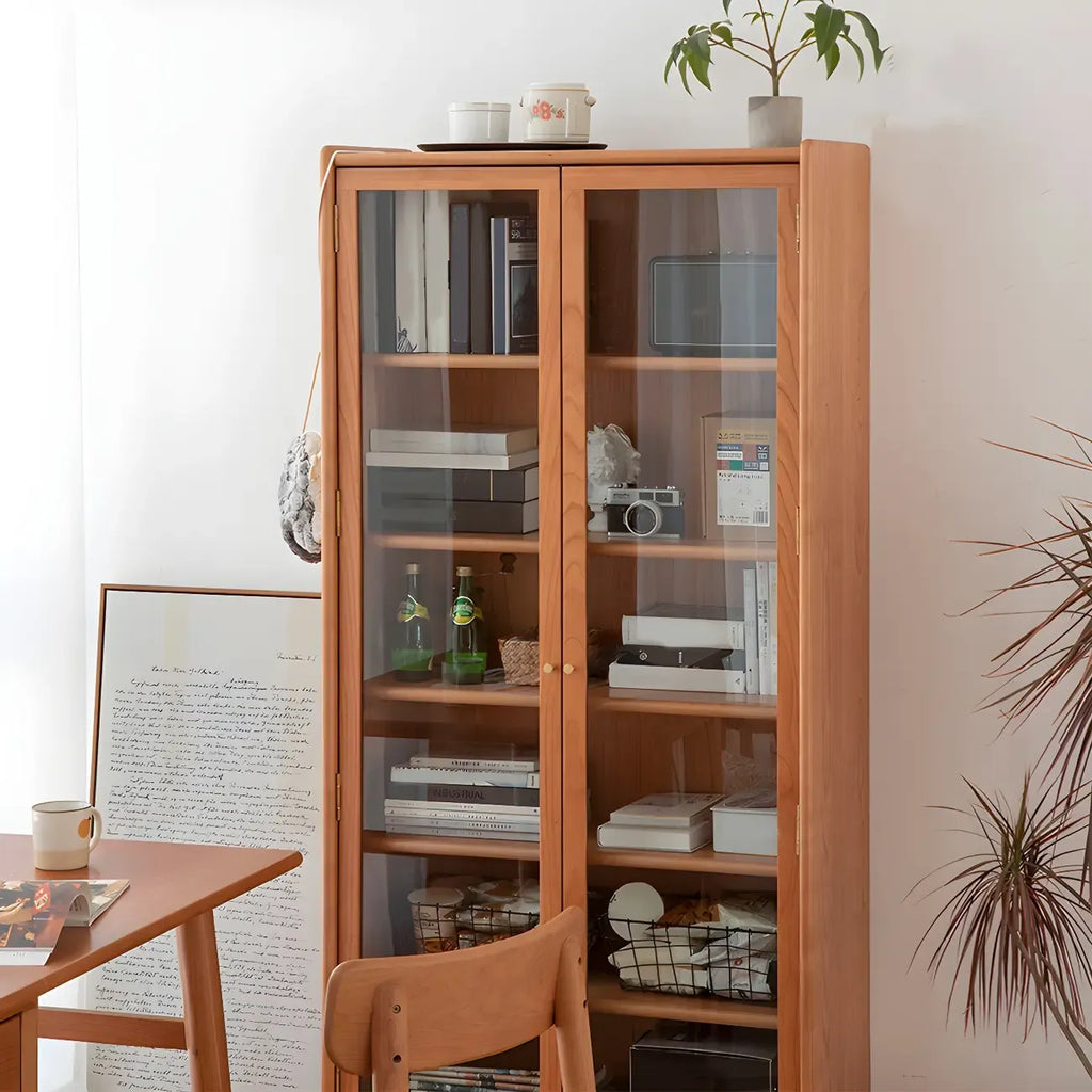 Adjustable Shelves Cherry Wood Glass Door Display Cabinet