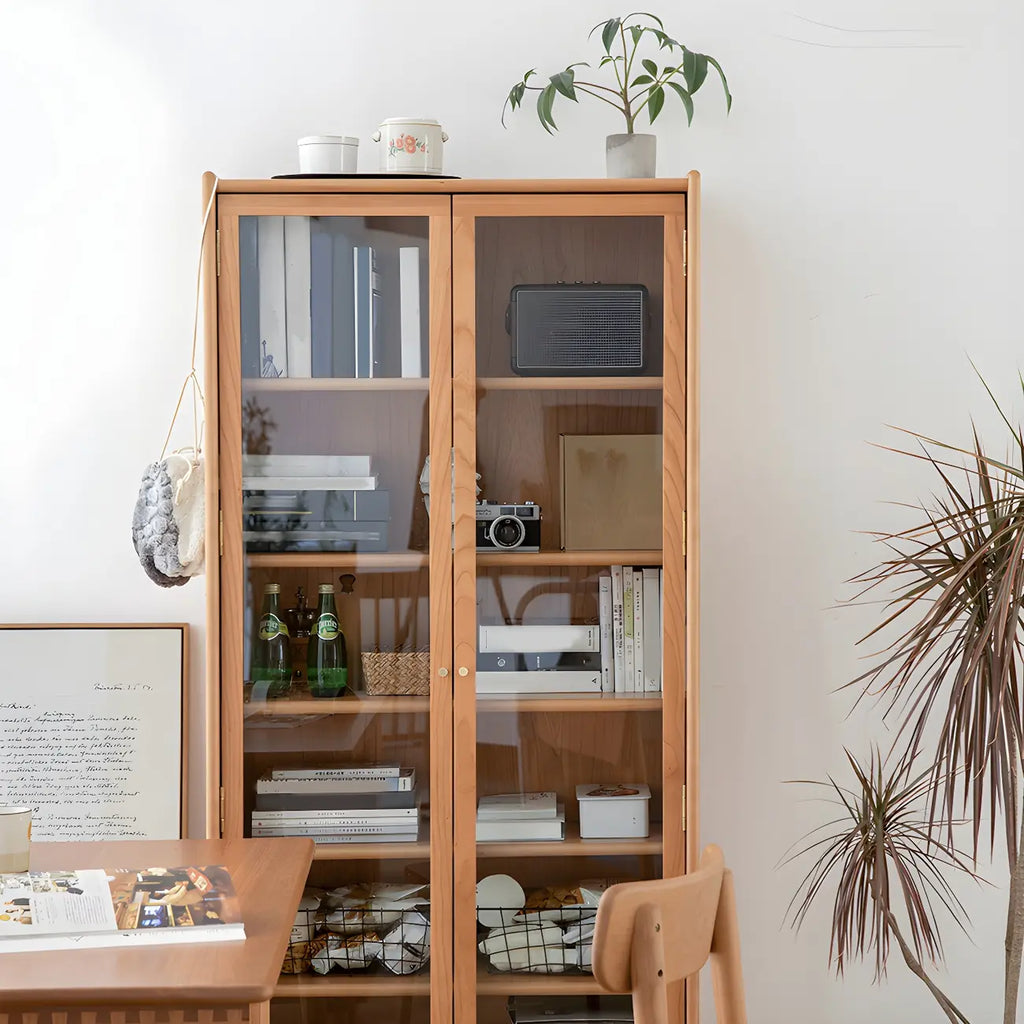 Adjustable Shelves Cherry Wood Glass Door Display Cabinet