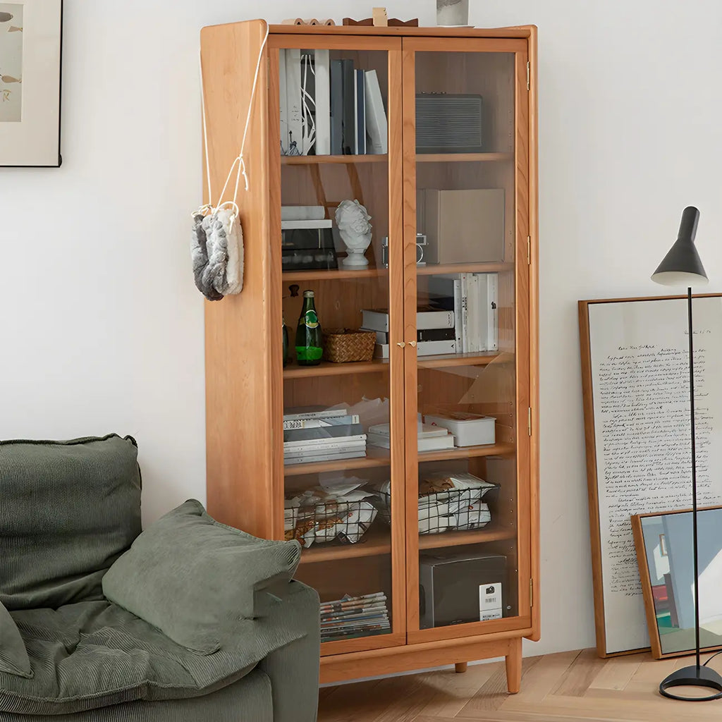 Adjustable Shelves Cherry Wood Glass Door Display Cabinet
