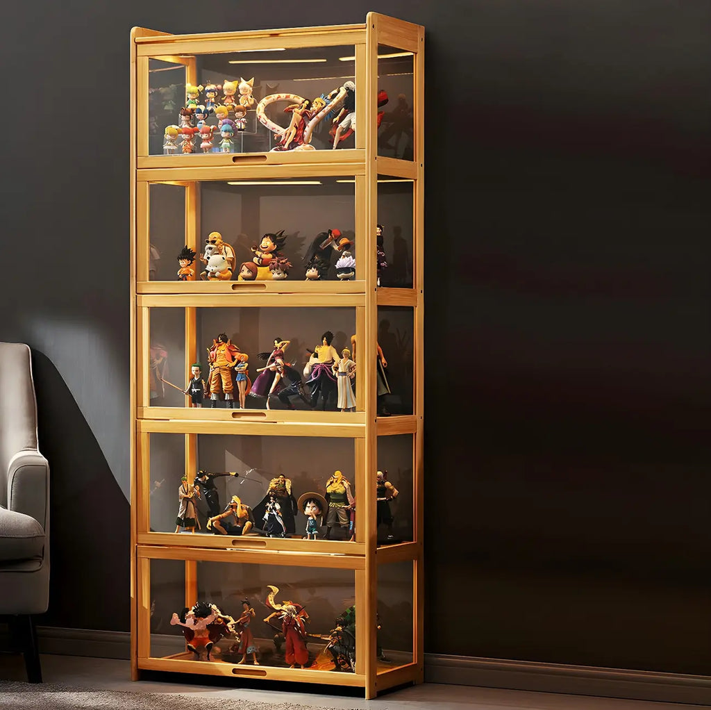 Modern Natural Bamboo Corner Glass Door Curio Cabinet