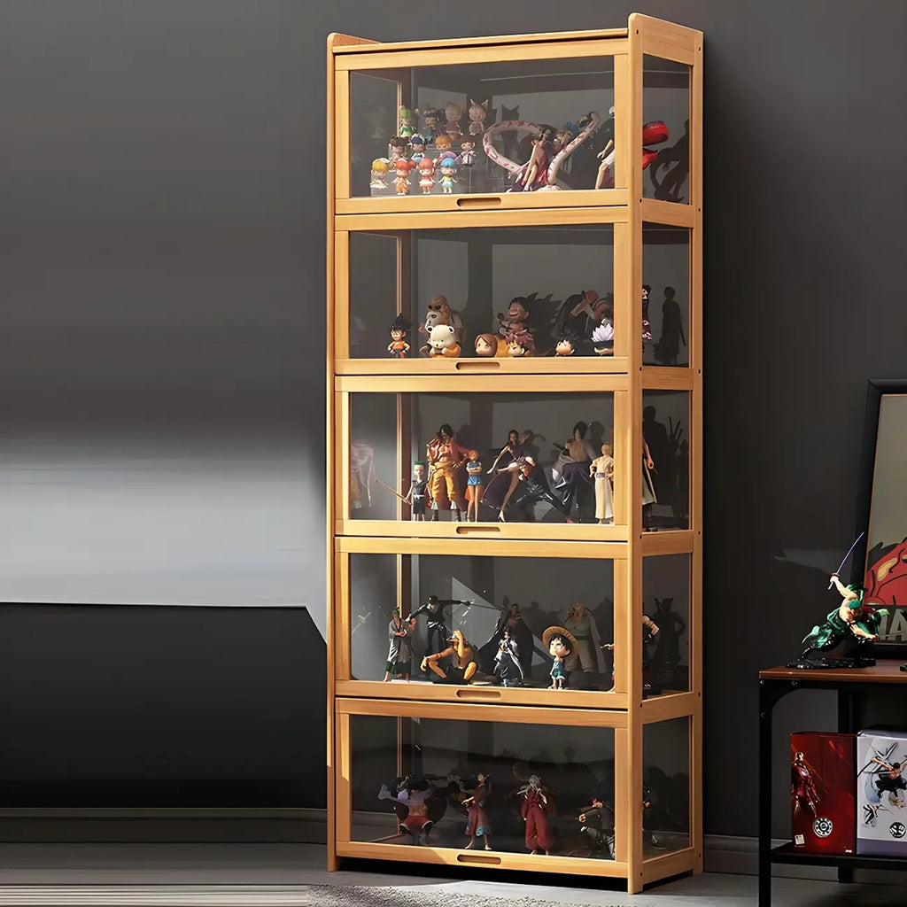 Modern Natural Bamboo Corner Glass Door Curio Cabinet