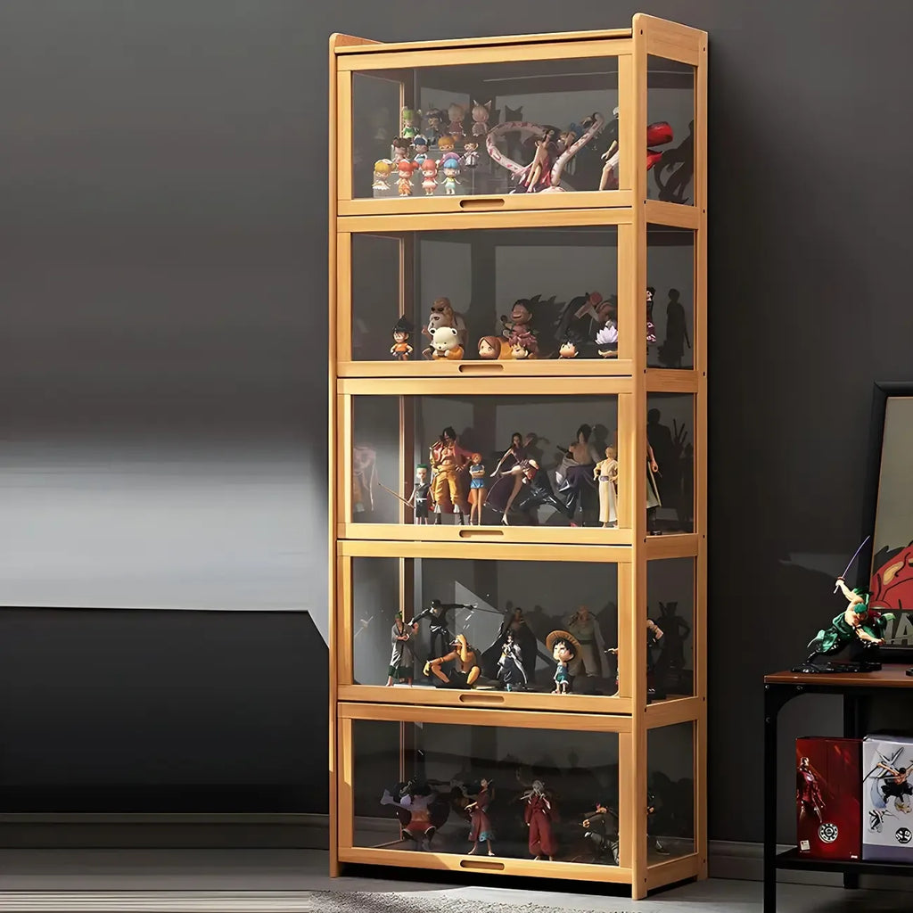 Modern Natural Bamboo Corner Glass Door Curio Cabinet