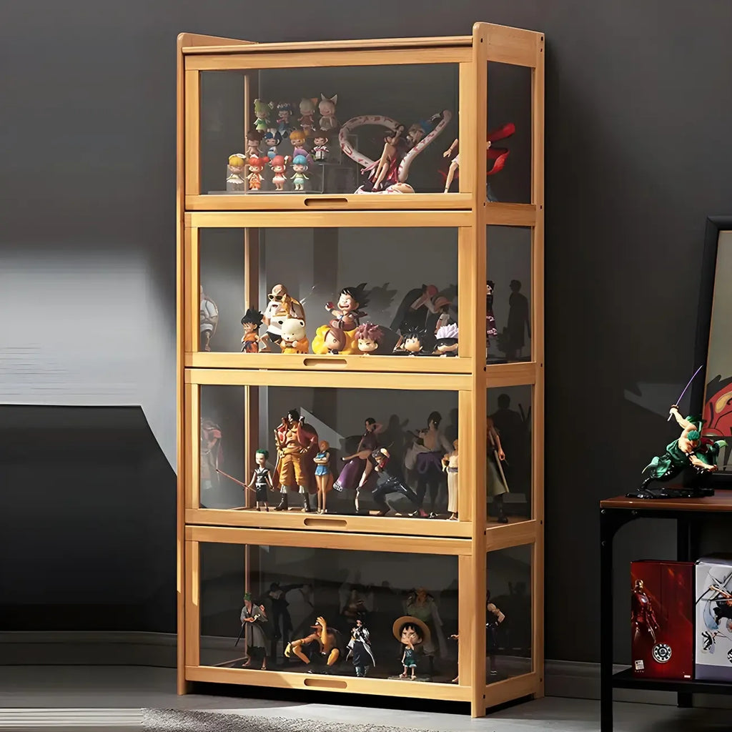 Modern Natural Bamboo Corner Glass Door Curio Cabinet