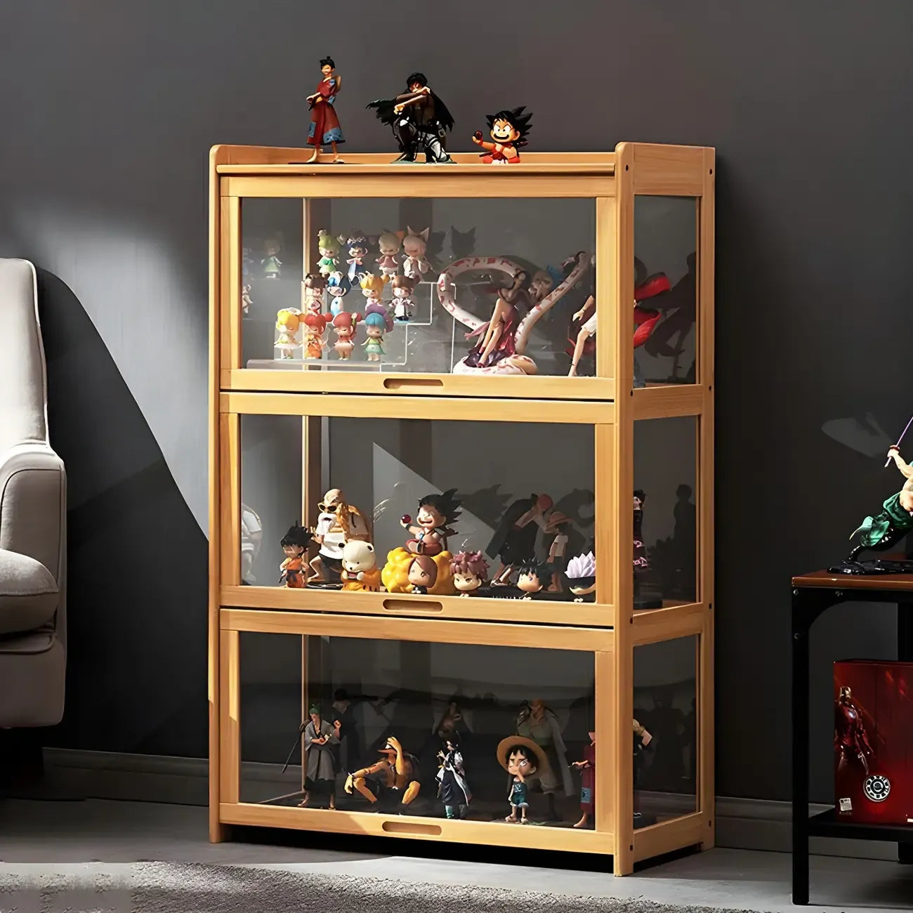 Modern Natural Bamboo Corner Glass Door Curio Cabinet