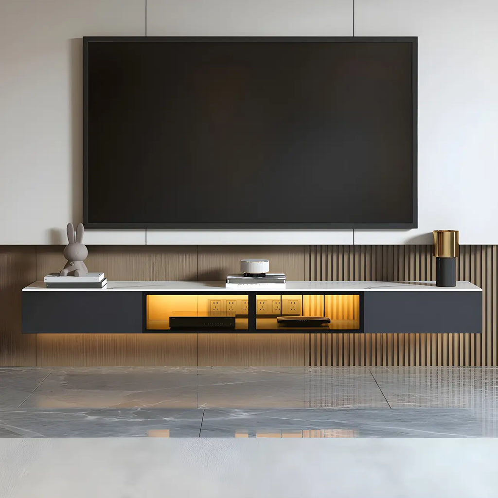 Glam Wooden Floating TV Stand with Marble Top for Living Room