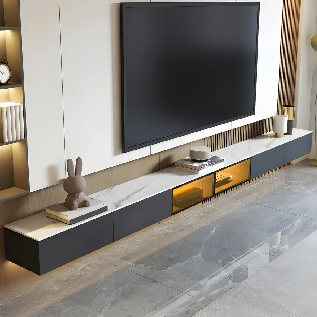 Glam Wooden Floating TV Stand with Marble Top for Living Room