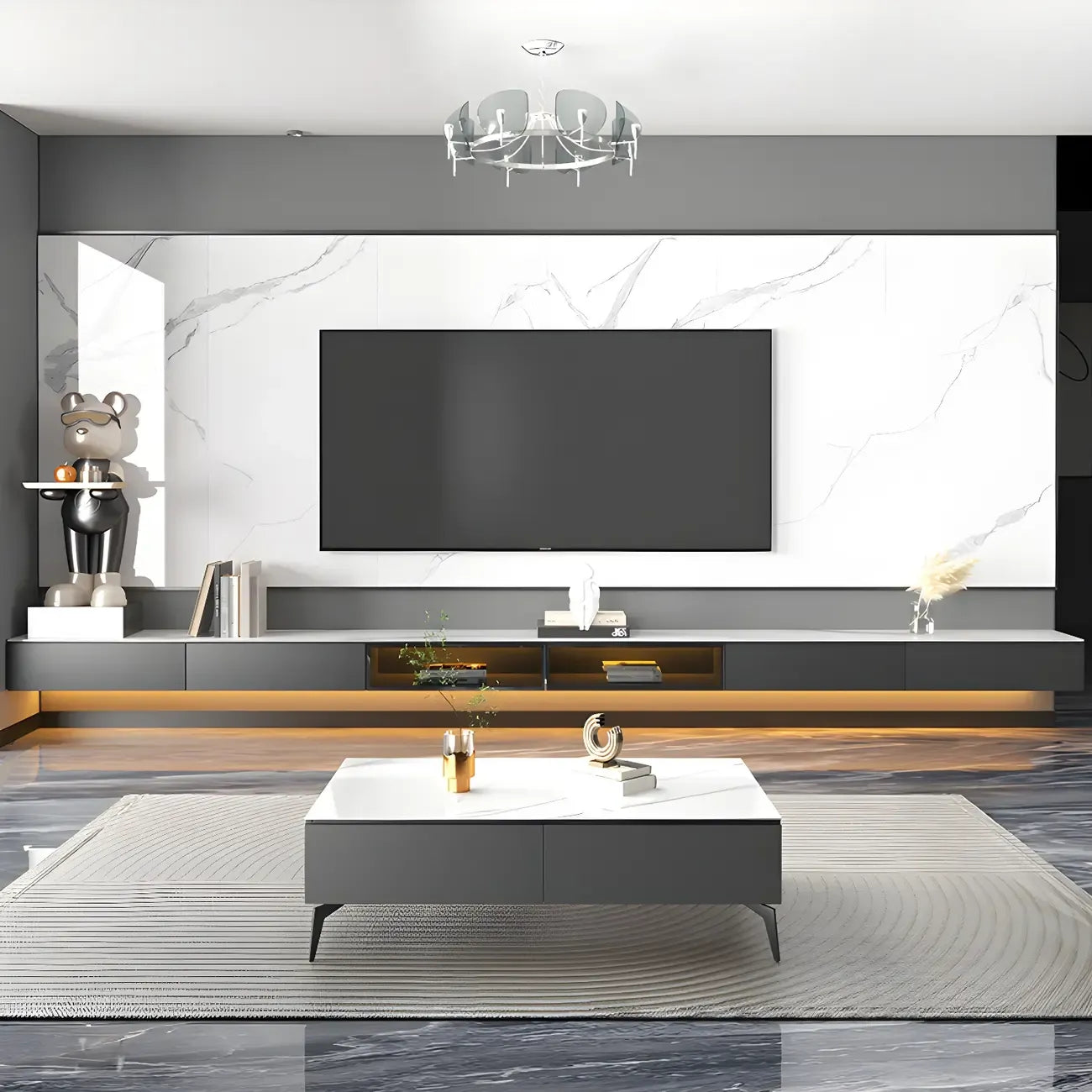 Glam Wooden Floating TV Stand with Marble Top for Living Room