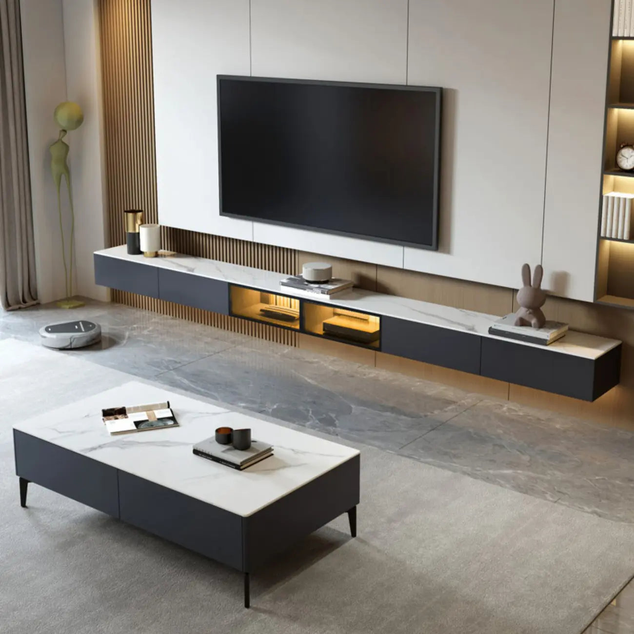 Glam Wooden Floating TV Stand with Marble Top for Living Room
