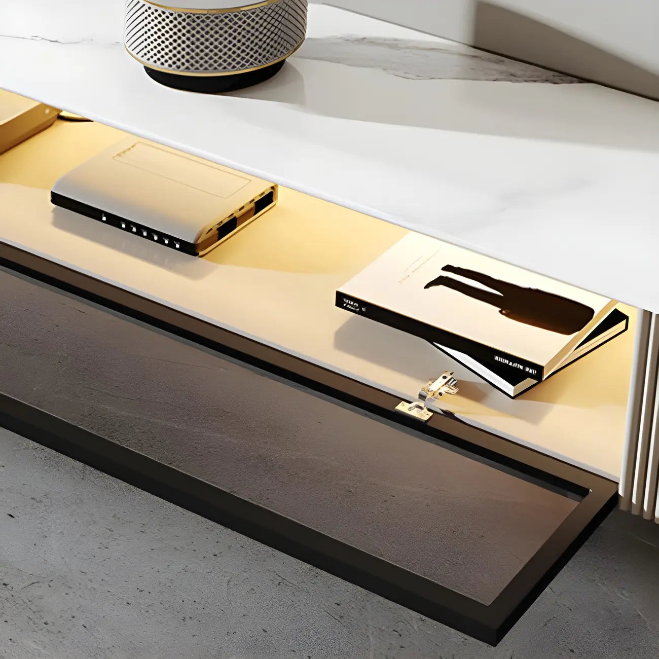 Glam Wooden Floating TV Stand with Marble Top for Living Room