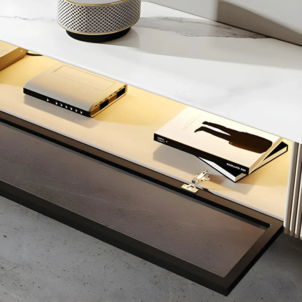 Glam Wooden Floating TV Stand with Marble Top for Living Room