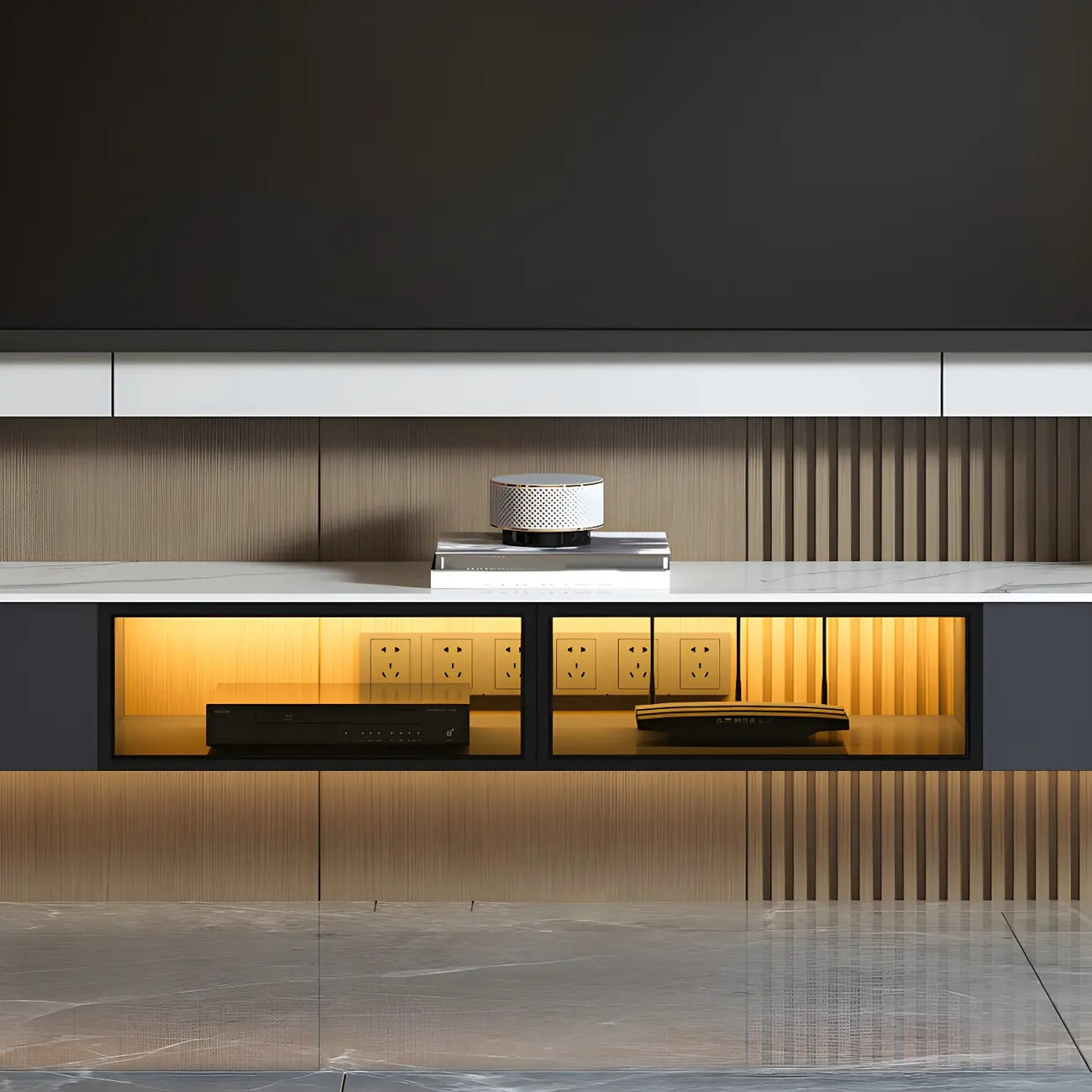 Glam Wooden Floating TV Stand with Marble Top for Living Room