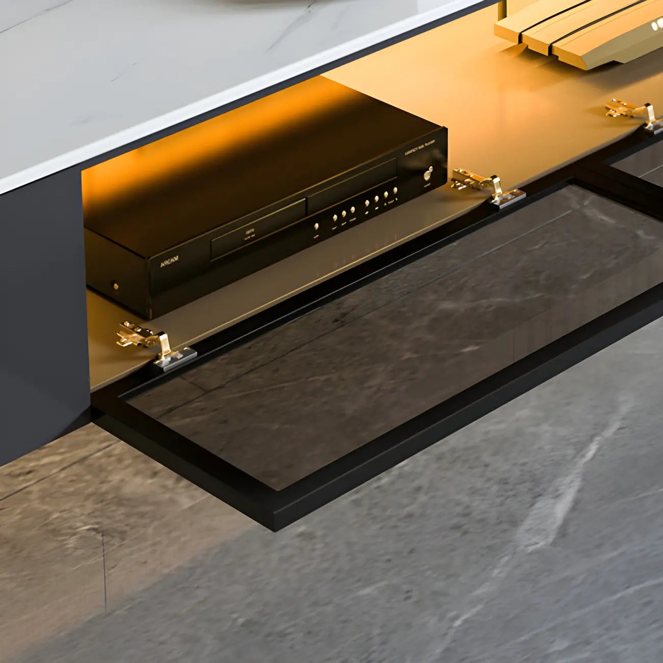 Glam Wooden Floating TV Stand with Marble Top for Living Room