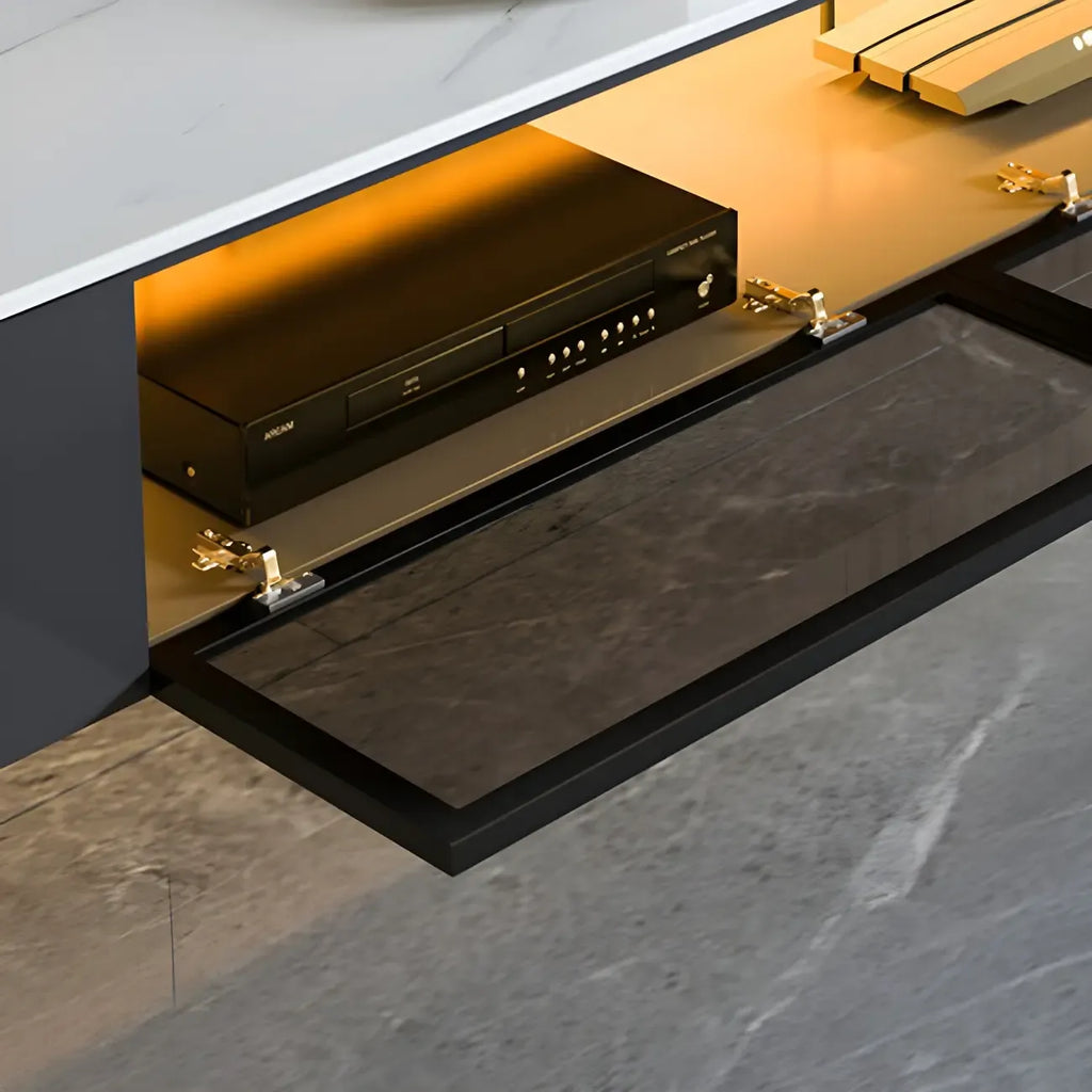 Glam Wooden Floating TV Stand with Marble Top for Living Room