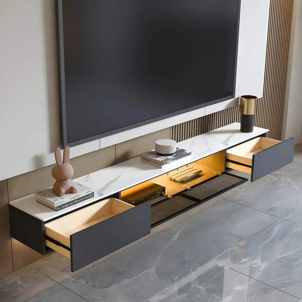 Glam Wooden Floating TV Stand with Marble Top for Living Room