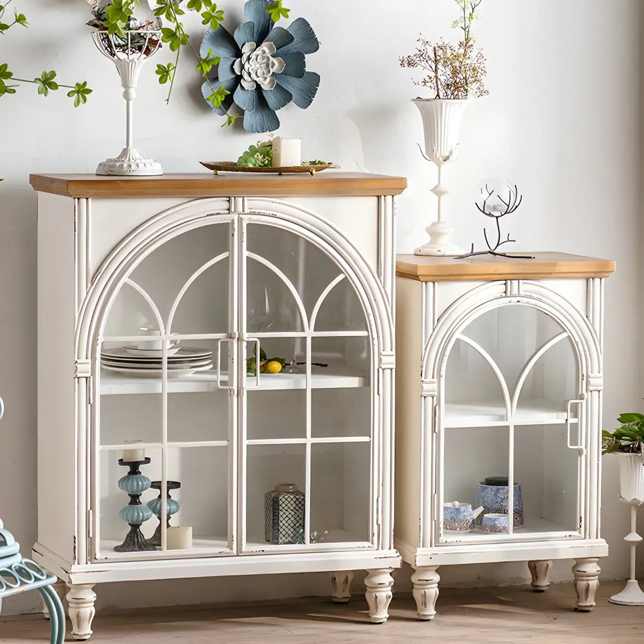 Vintage White Wood Arched Glass Door Display Cabinet
