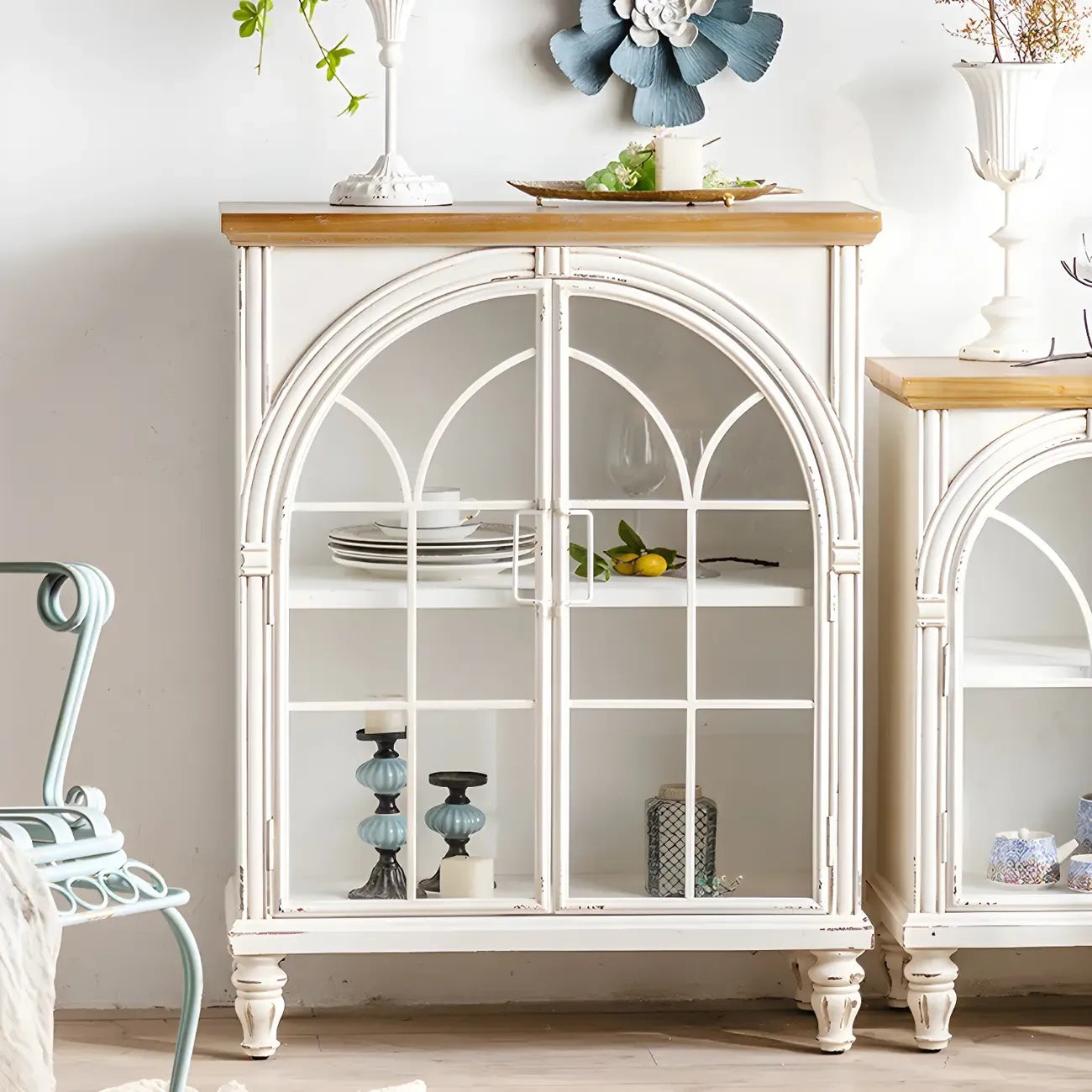 Vintage White Wood Arched Glass Door Display Cabinet