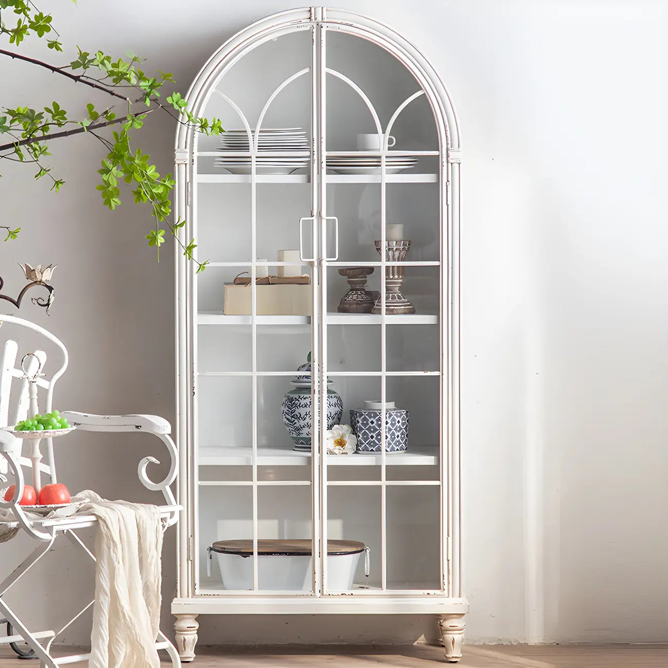 Vintage White Wood Arched Glass Door Display Cabinet