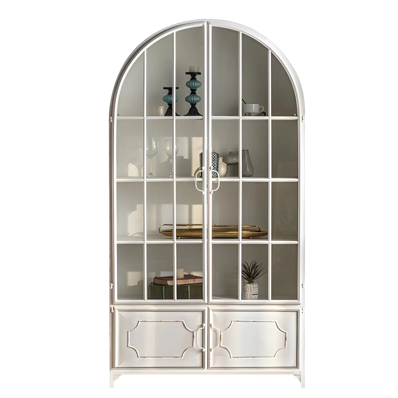 Vintage White Wood Arched Glass Door Display Cabinet