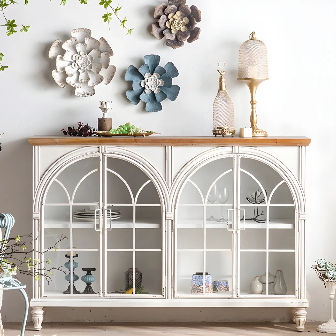 Vintage White Wood Arched Glass Door Display Cabinet