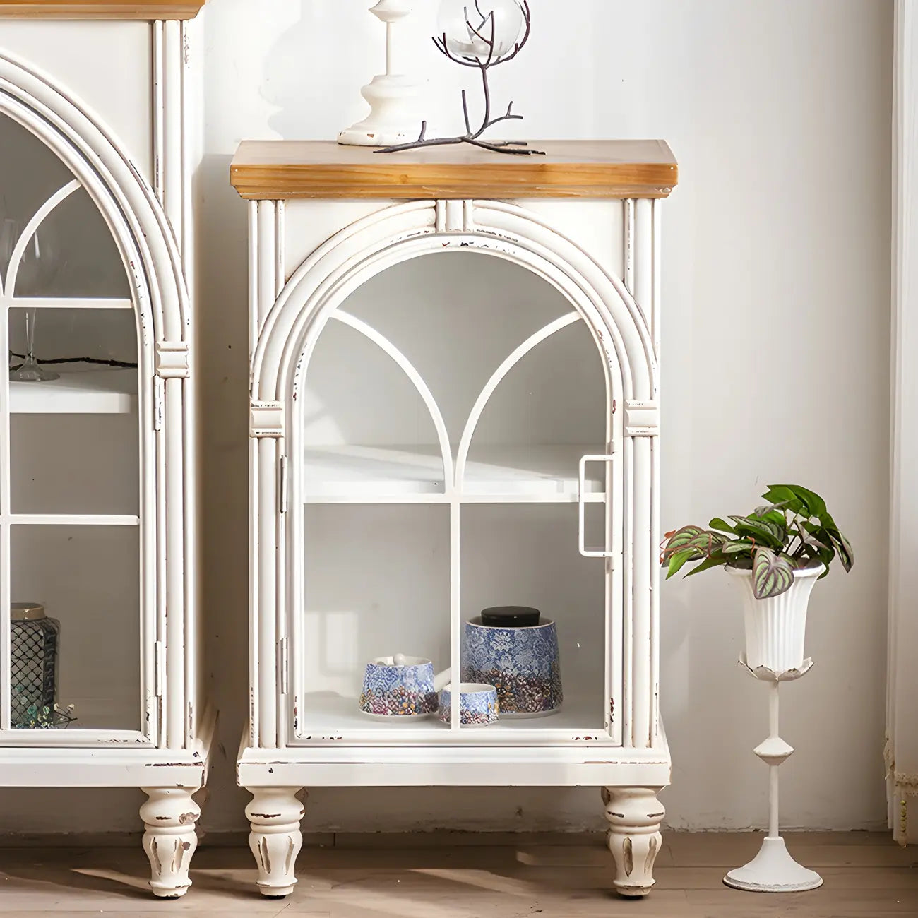 Vintage White Wood Arched Glass Door Display Cabinet