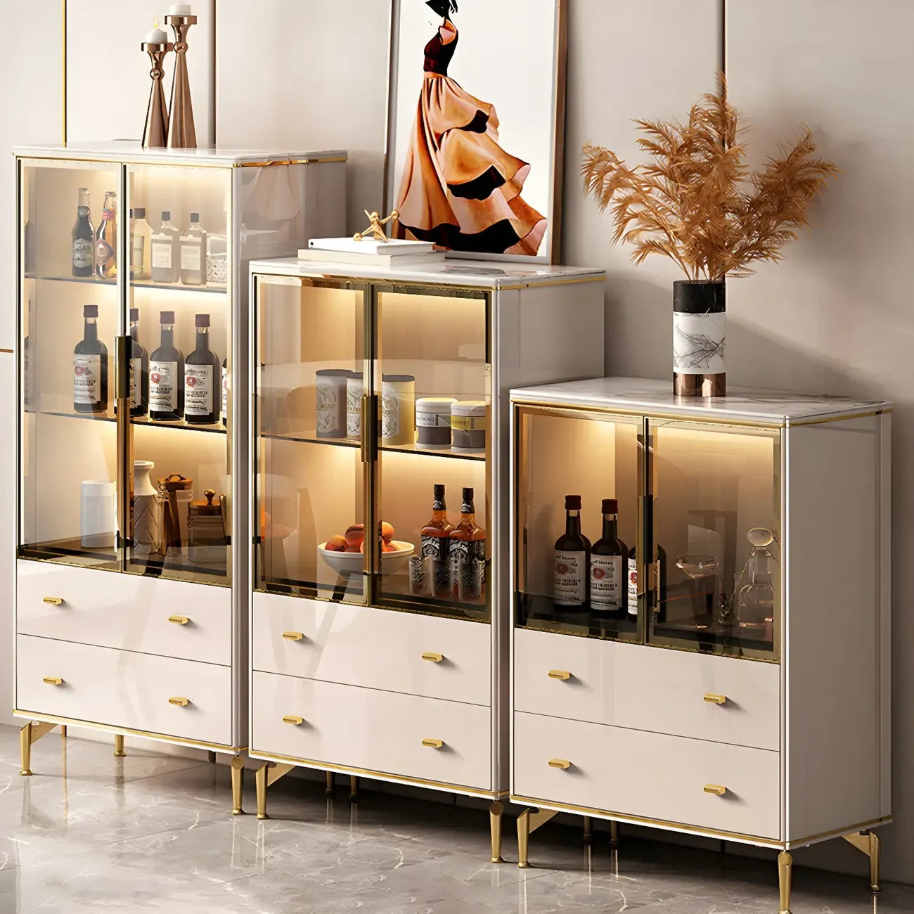 White Wood Gold Legs Adjustable Shelves Display Cabinet