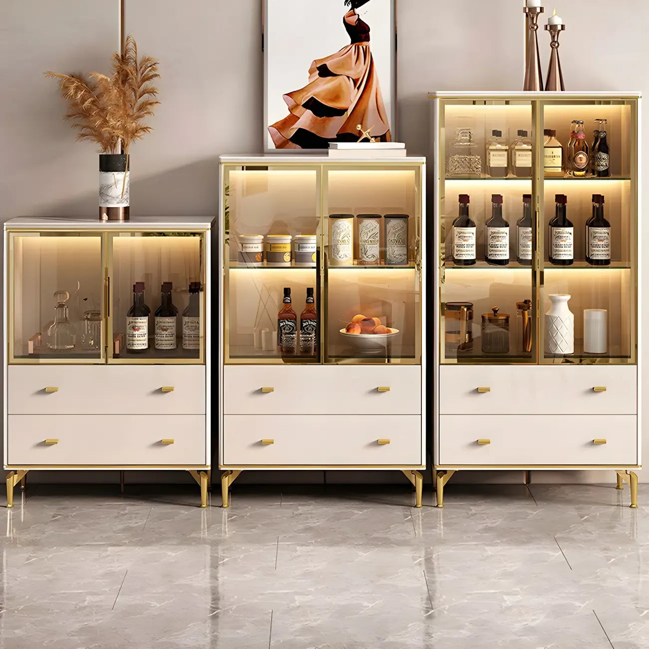 White Wood Gold Legs Adjustable Shelves Display Cabinet