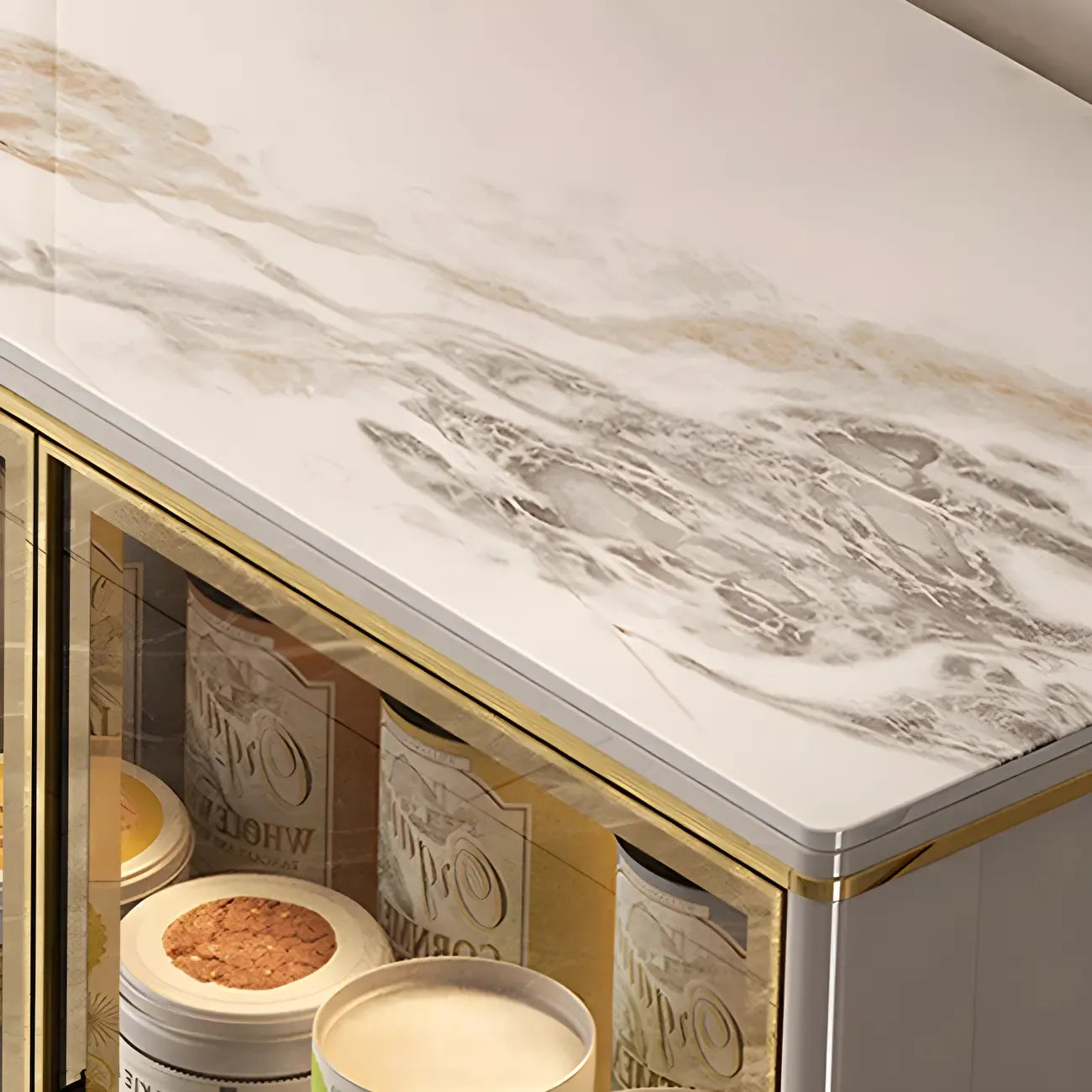 White Wood Gold Legs Adjustable Shelves Display Cabinet