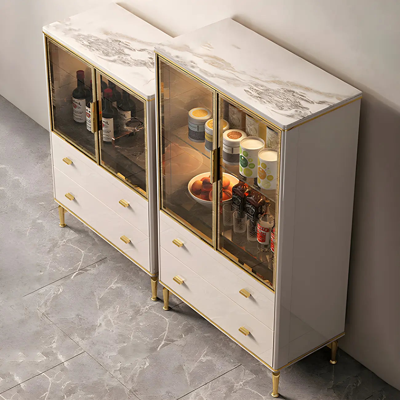 White Wood Gold Legs Adjustable Shelves Display Cabinet