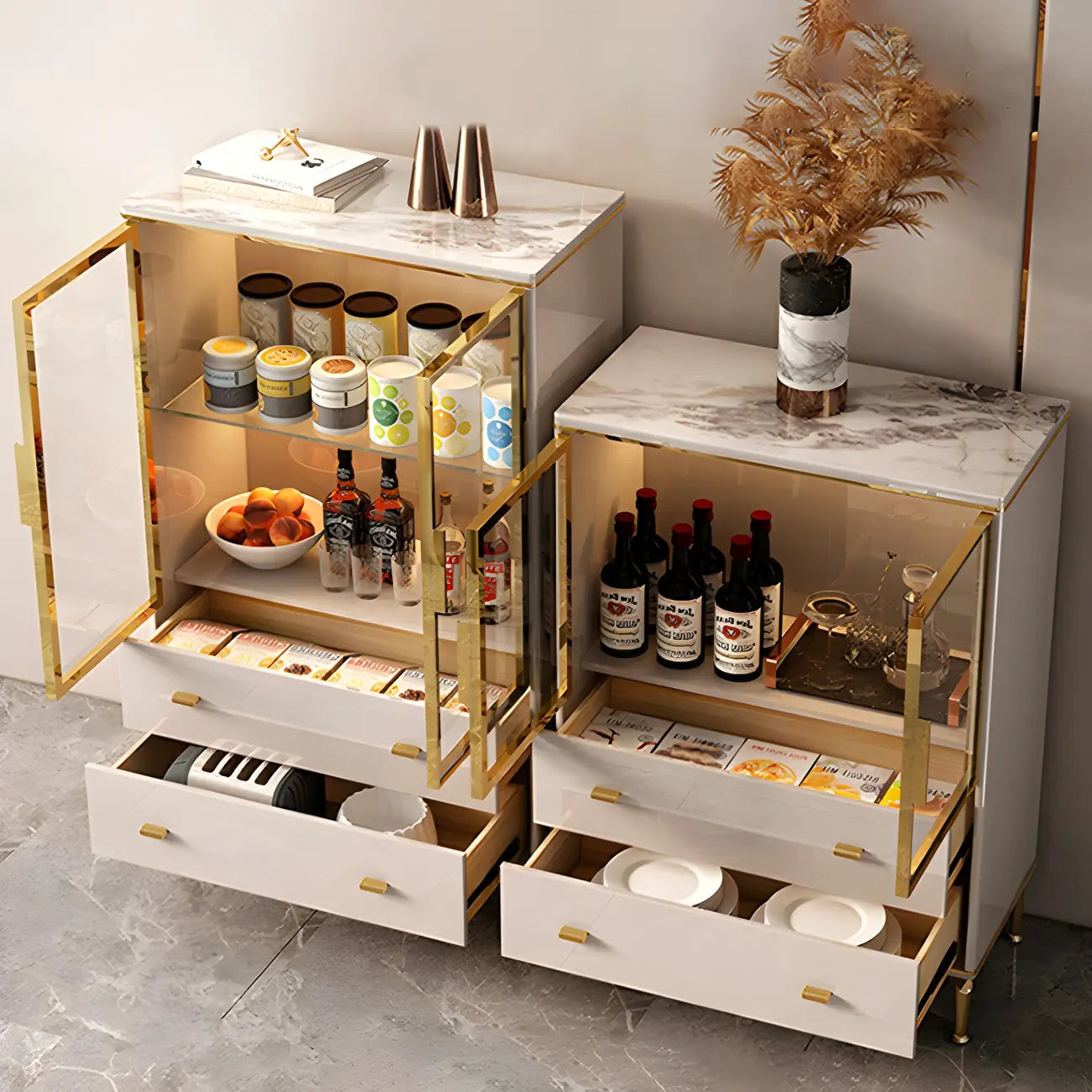 White Wood Gold Legs Adjustable Shelves Display Cabinet