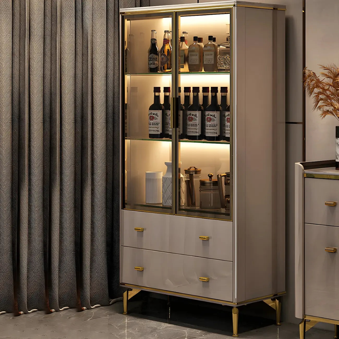 White Wood Gold Legs Adjustable Shelves Display Cabinet