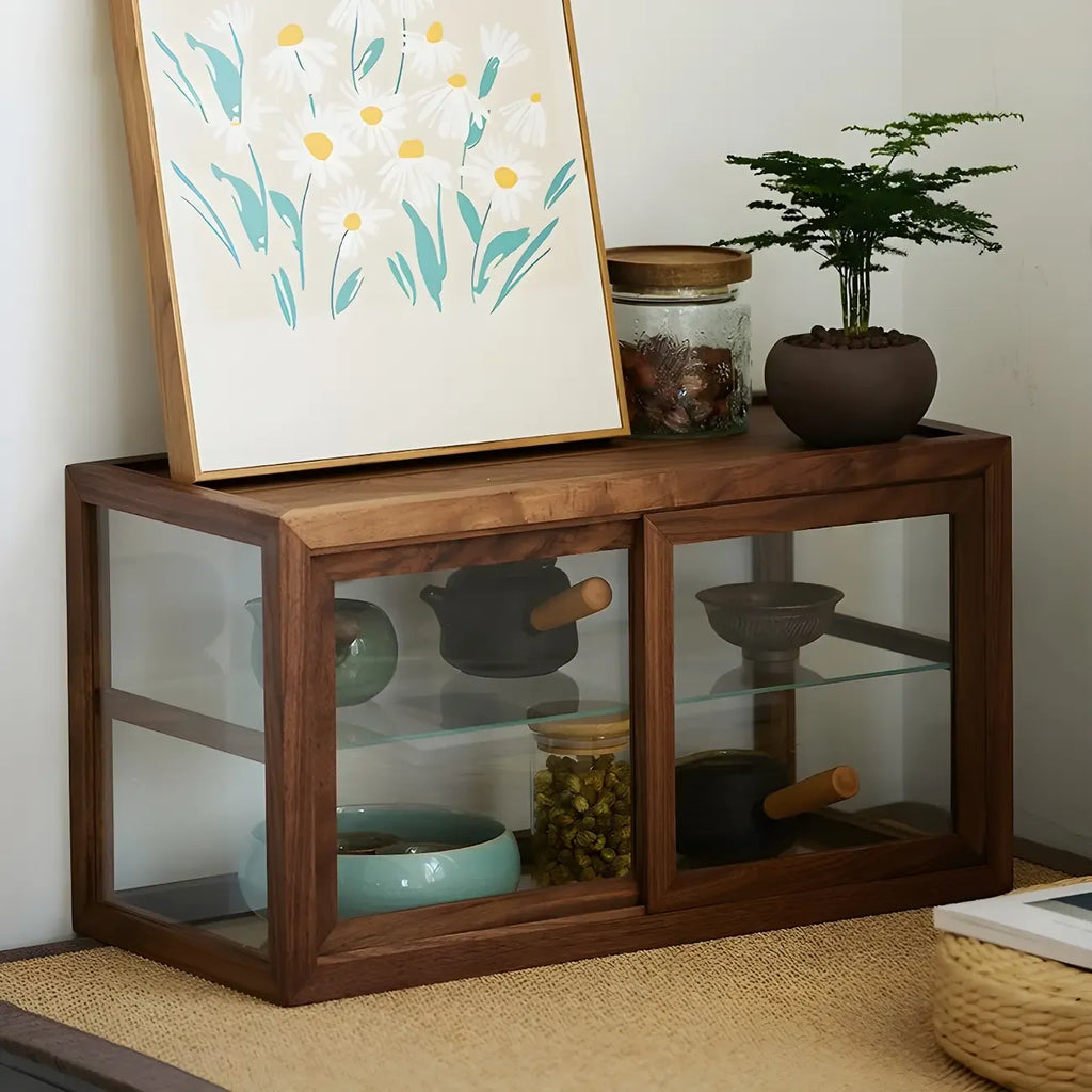 Rustic 2-tier Espresso Wood Display Cabinet for Table Top